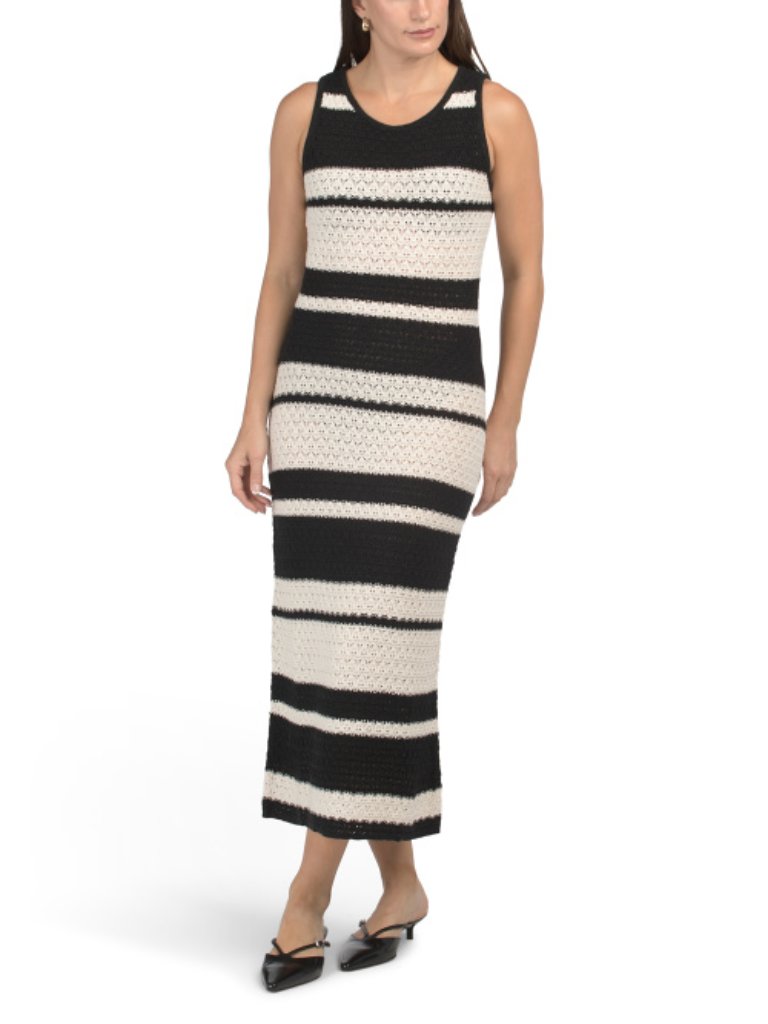 By The River Crochet Knit Midi Dress M Sleeveless Black White